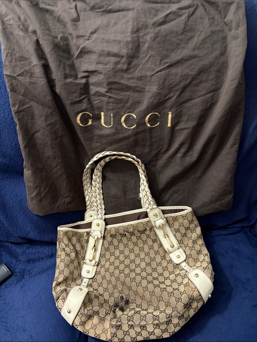Gucci Pelham GG Canvas White Leather Shoulder Bag 137621 DAMAGED For Repair